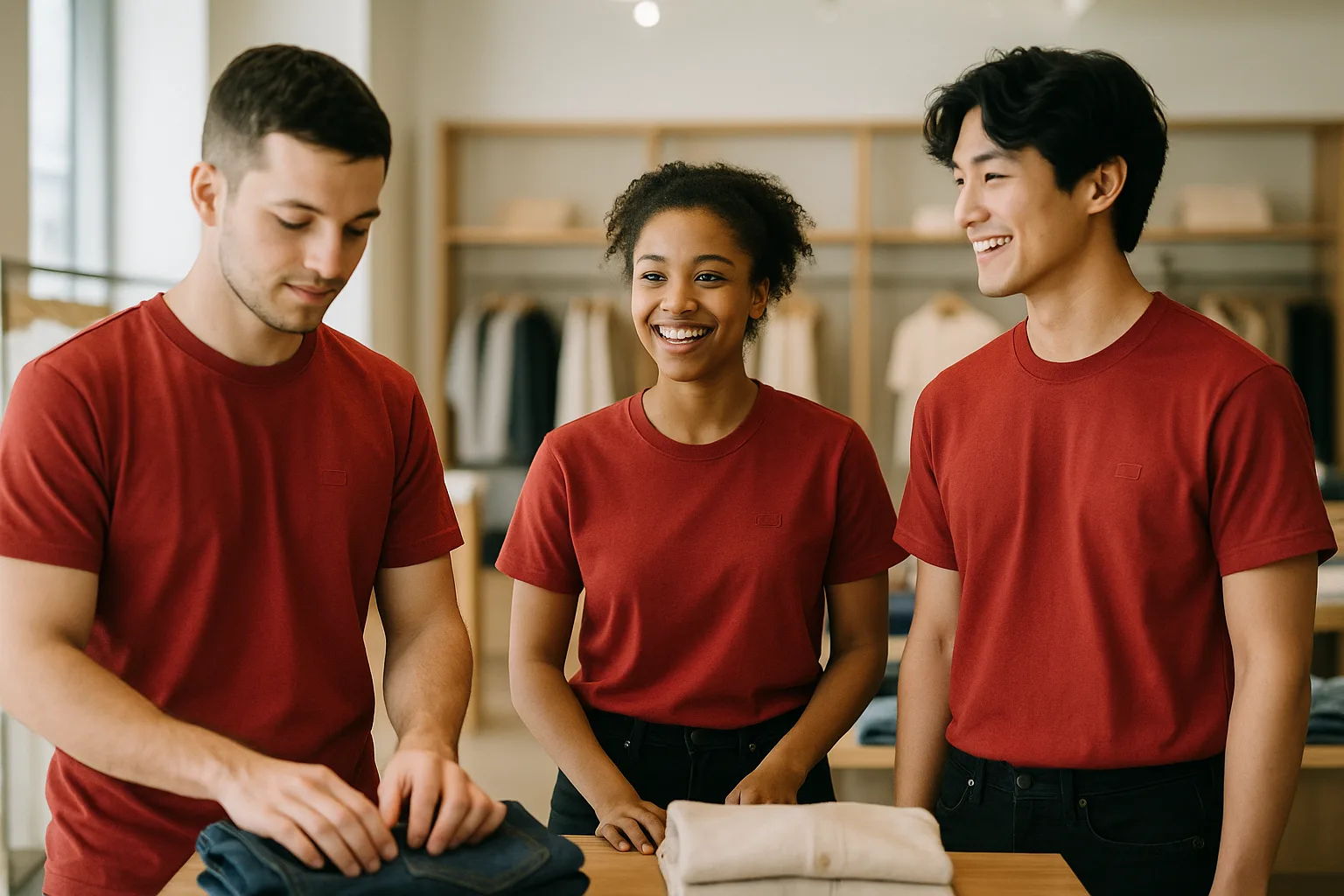 Equipe de loja vestindo camisetas vermelhas iguais